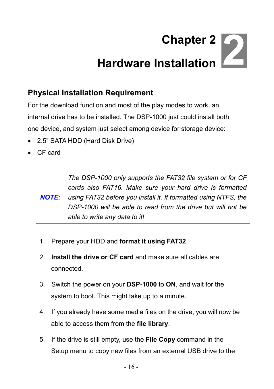 Chapter 2 hardware installation, Physical installation requirement | PLANET DSP-1000 User Manual | Page 16 / 120