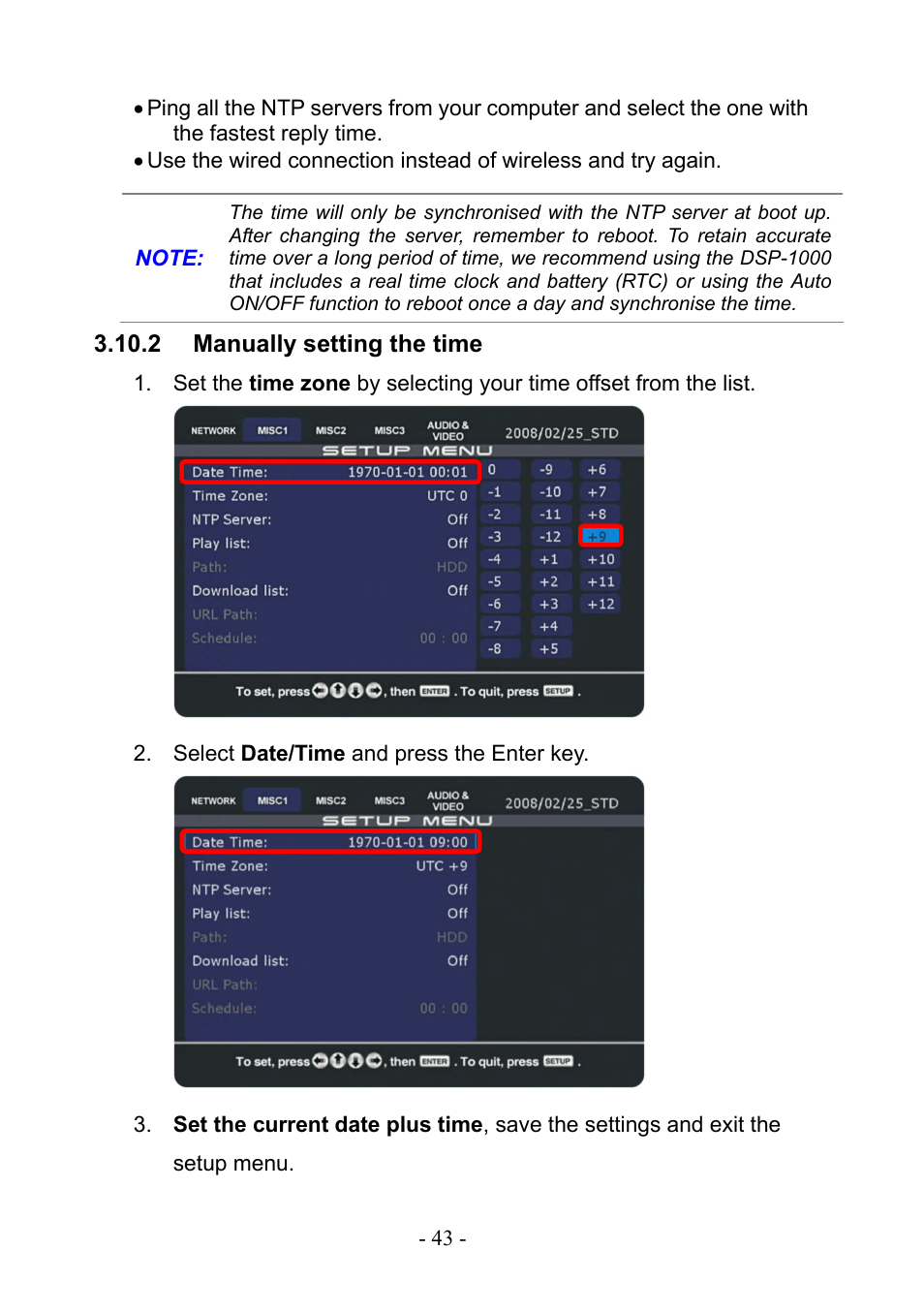 2 manually setting the time, Manually setting the time | PLANET DSP-1000 User Manual | Page 43 / 120