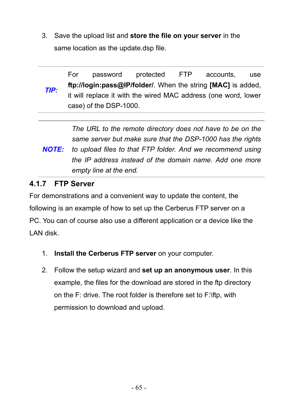 7 ftp server, Ftp server | PLANET DSP-1000 User Manual | Page 65 / 120