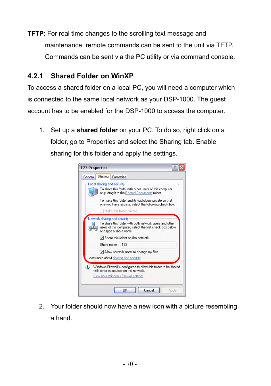 1 shared folder on winxp, Shared folder on winxp | PLANET DSP-1000 User Manual | Page 70 / 120