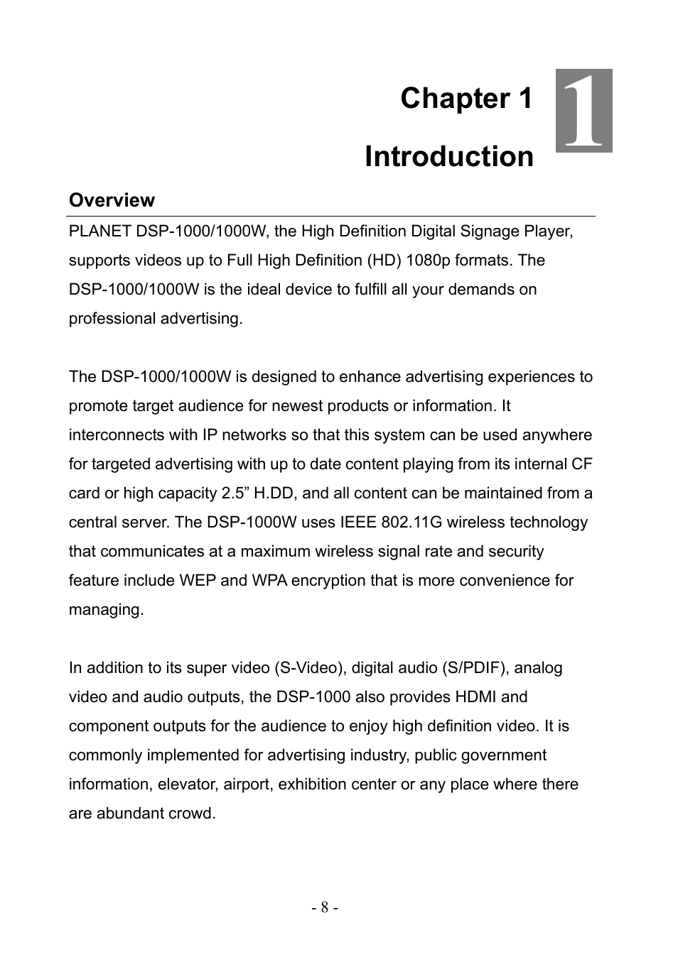 Chapter 1 introduction, Overview, Chapter 1 intr | PLANET DSP-1000 User Manual | Page 8 / 120