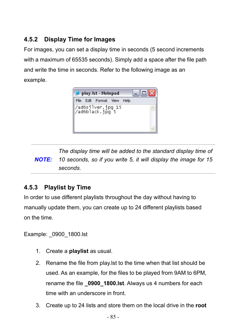 2 display time for images, 3 playlist by time, Display time for images | Playlist by time | PLANET DSP-1000 User Manual | Page 85 / 120