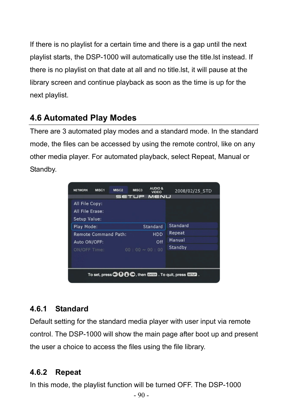 6 automated play modes, 1 standard, 2 repeat | Standard, Repeat | PLANET DSP-1000 User Manual | Page 90 / 120