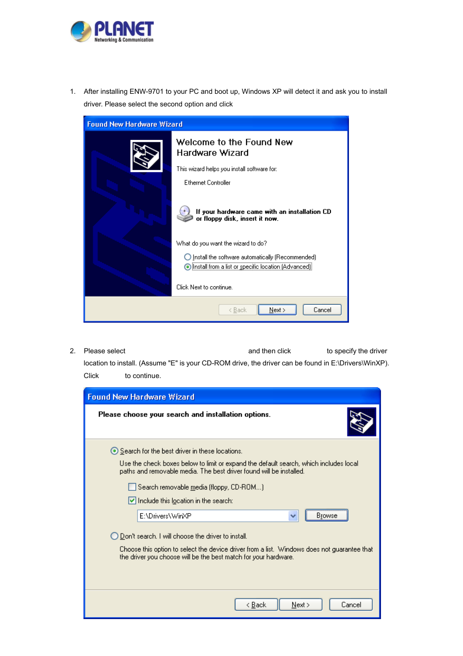 2 installing driver to windows xp | PLANET ENW-9701 User Manual | Page 11 / 21