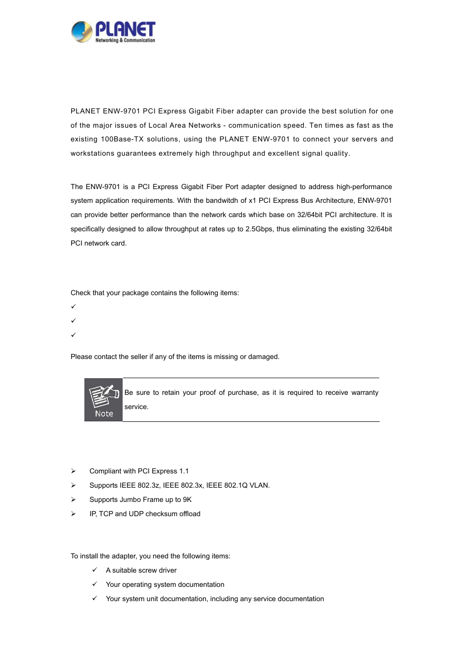 Chapter 1 introduction, 1 package content, 2 features | 3 gathering tools and documentations, Chapter 1, Introduction | PLANET ENW-9701 User Manual | Page 4 / 21