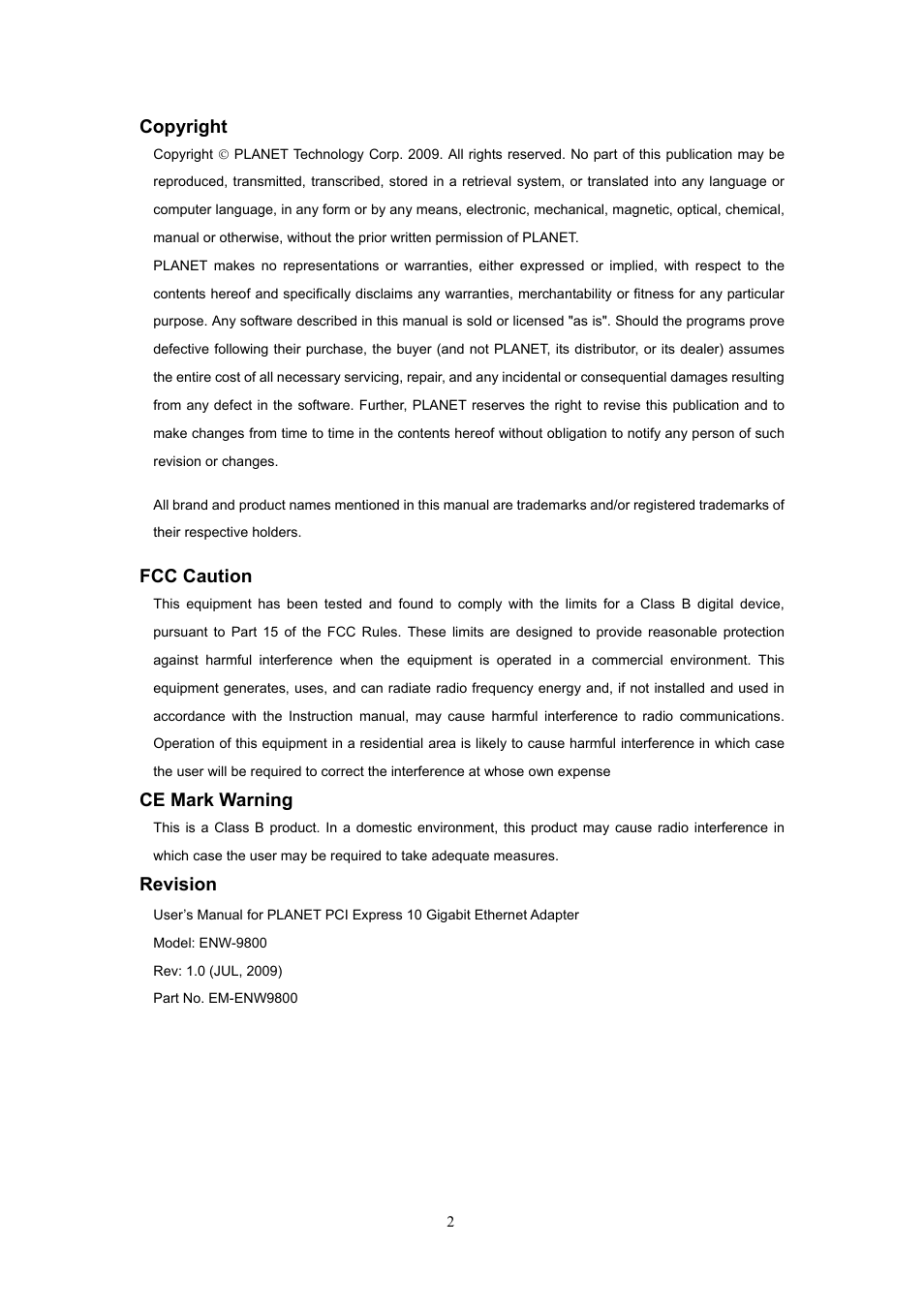 Copyright, Fcc caution, Ce mark warning | Revision | PLANET ENW-9800 User Manual | Page 2 / 14