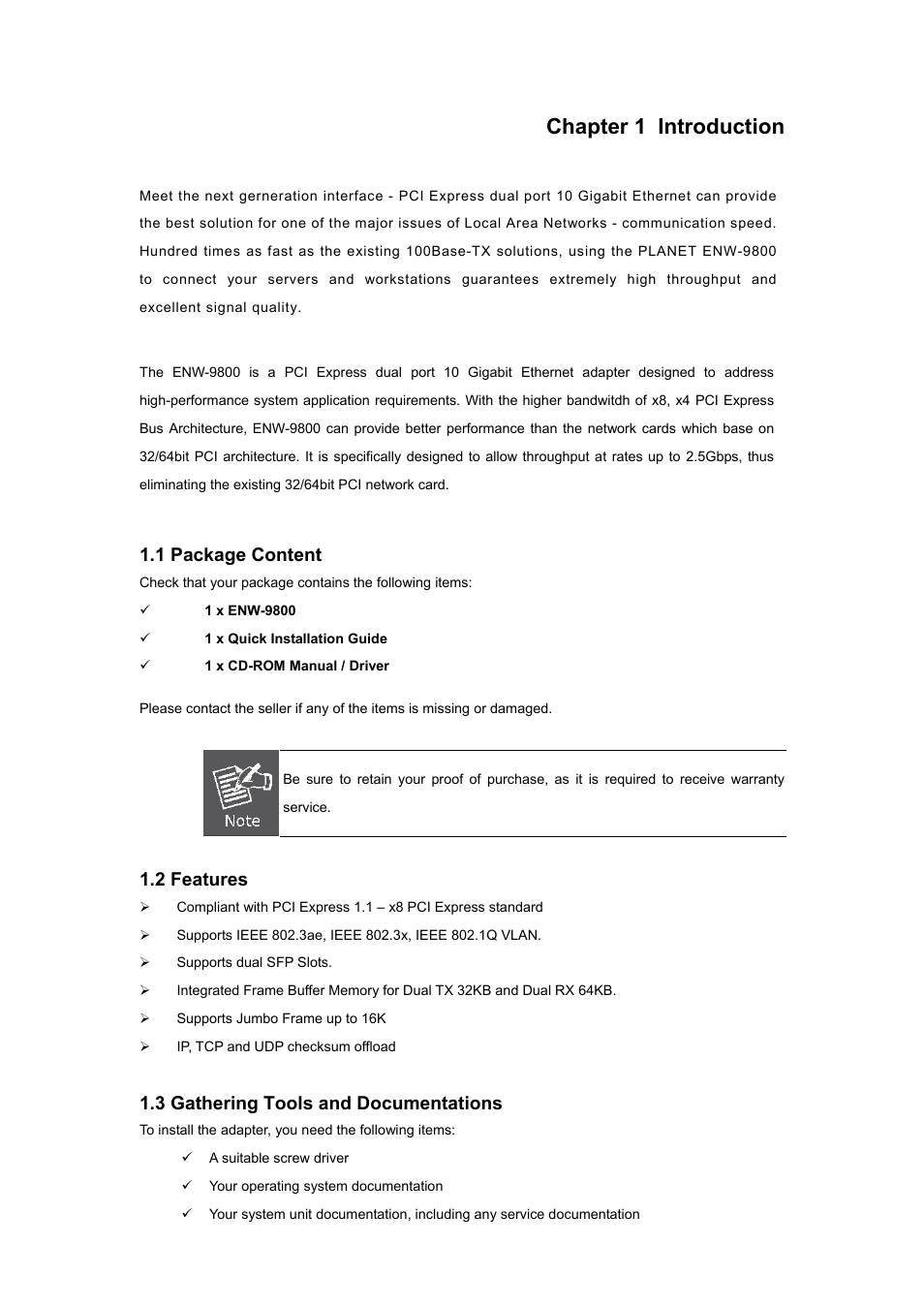 Chapter 1 introduction, 1 package content, 2 features | 3 gathering tools and documentations, Chapter 1, Introduction, Ackage, Ontent, Eatures, Athering | PLANET ENW-9800 User Manual | Page 4 / 14