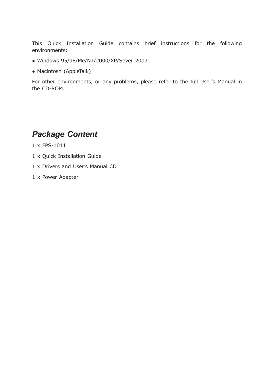 Package content | PLANET FPS-1011 User Manual | Page 3 / 20
