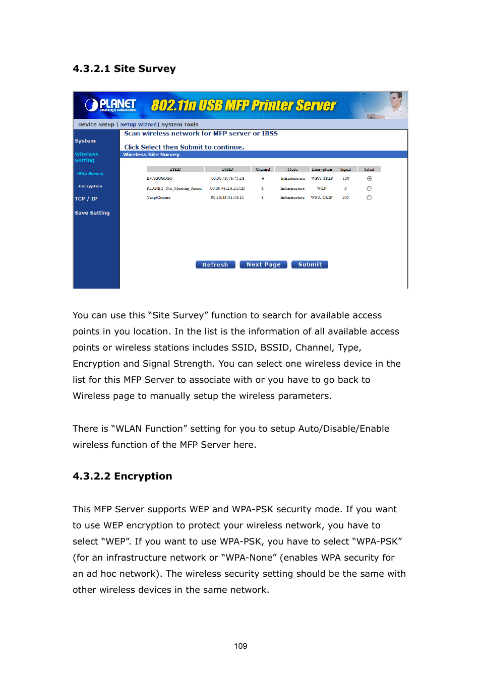 1 site survey 4.3.2.2 encryption | PLANET FPS-1012N User Manual | Page 109 / 141