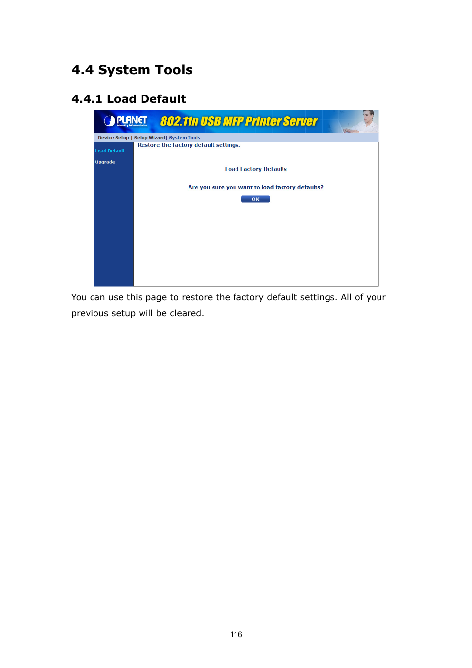 4 system tools, 1 load default | PLANET FPS-1012N User Manual | Page 116 / 141