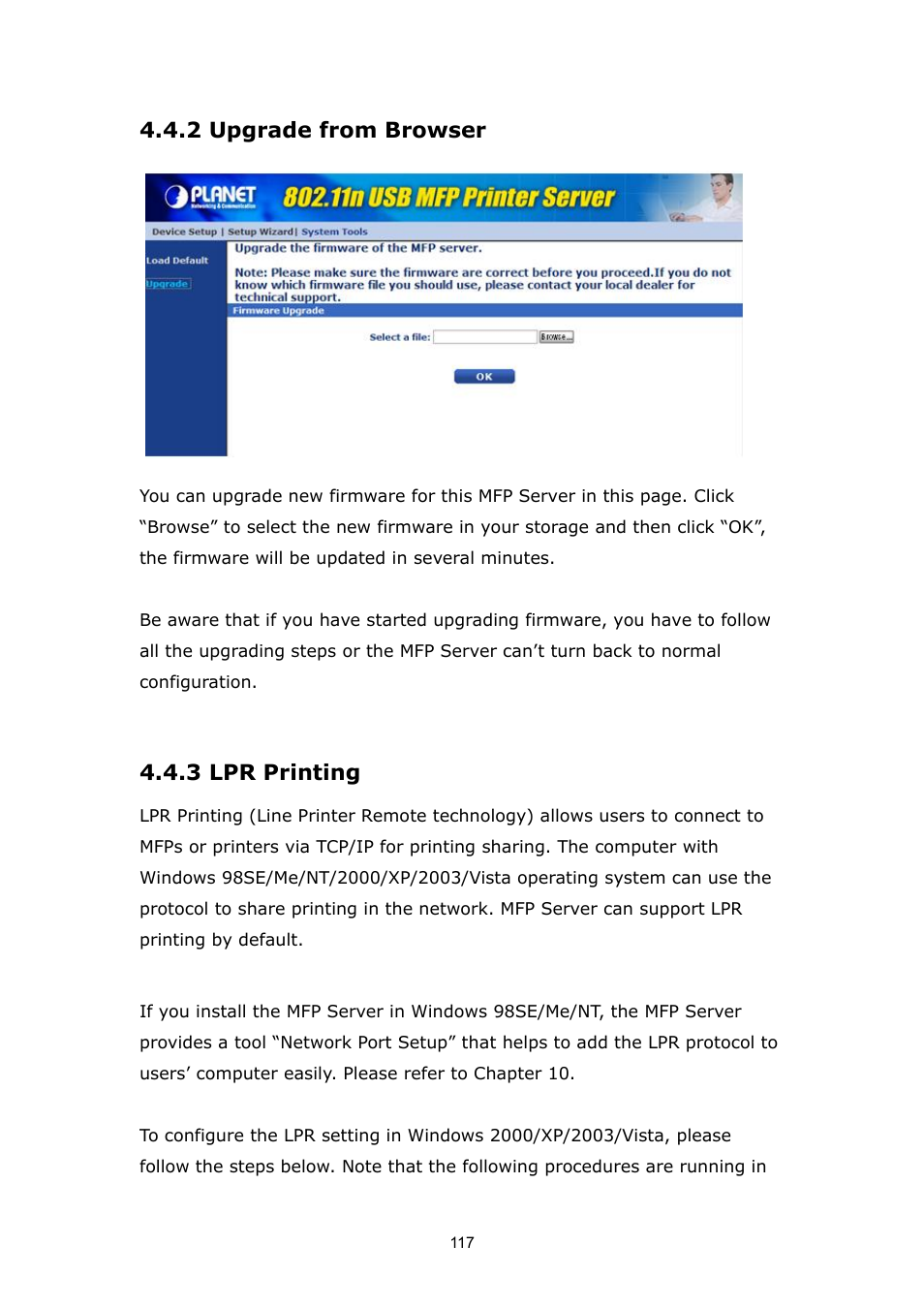 2 upgrade from browser, 3 lpr printing, 2 upgrade from browser 4.4.3 lpr printing | PLANET FPS-1012N User Manual | Page 117 / 141