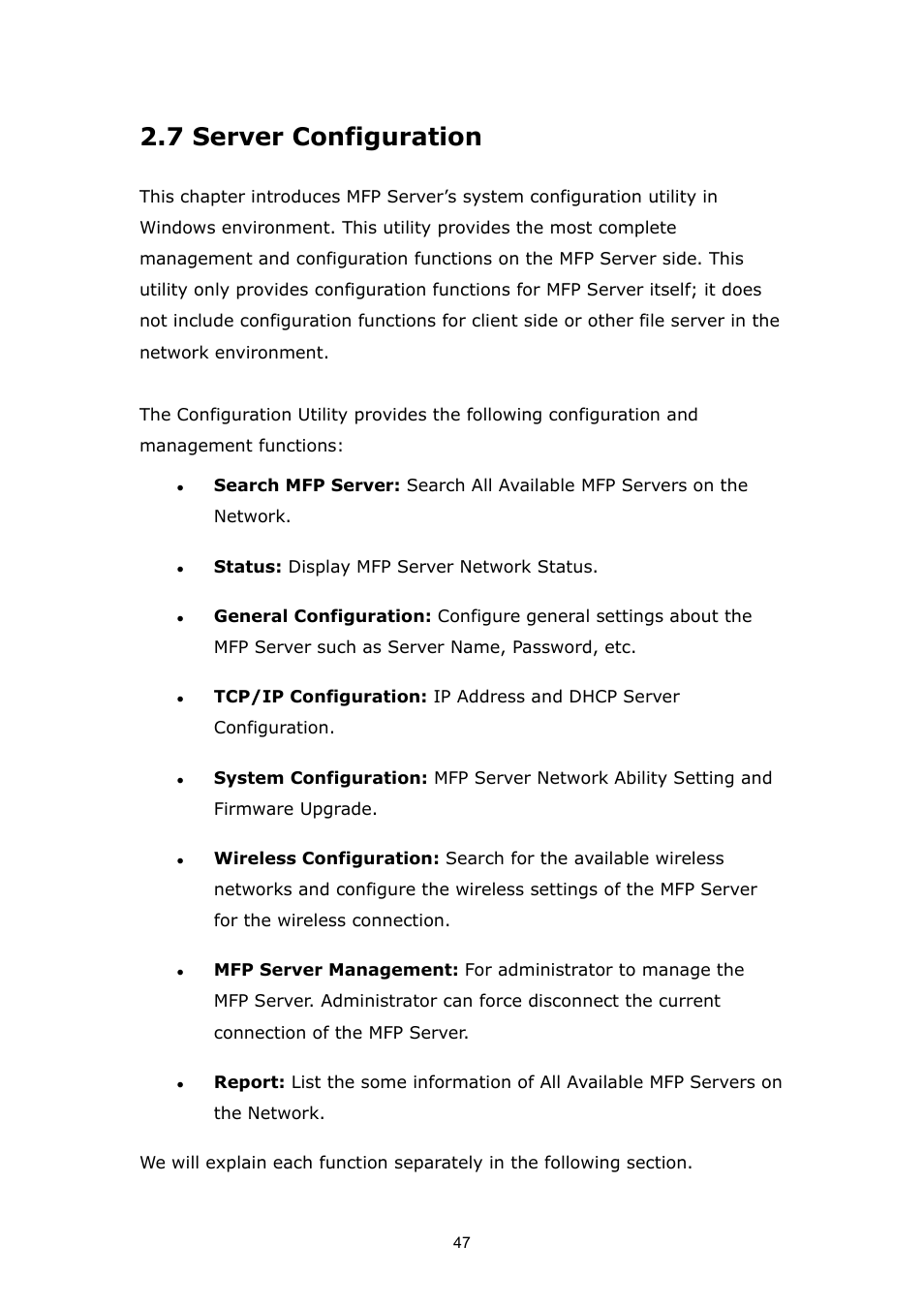 7 server configuration, Status: display mfp server network status | PLANET FPS-1012N User Manual | Page 47 / 141