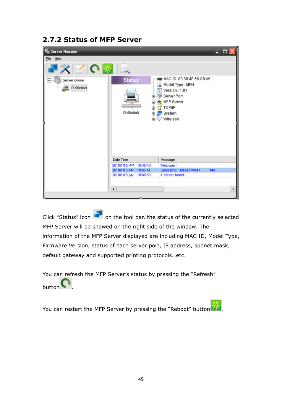 2 status of mfp server | PLANET FPS-1012N User Manual | Page 49 / 141