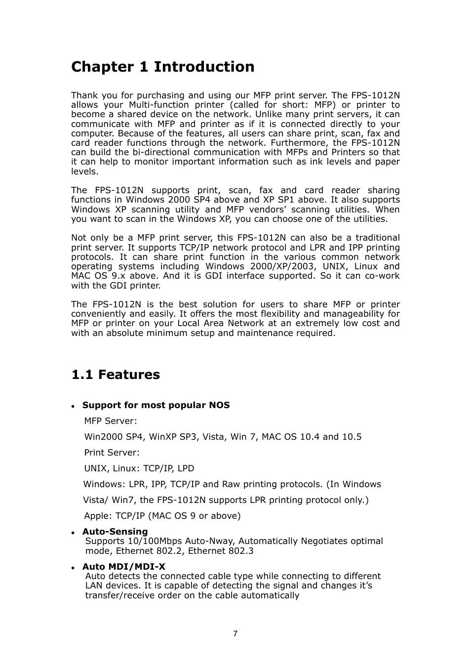 Chapter 1 introduction, 1 features | PLANET FPS-1012N User Manual | Page 7 / 141