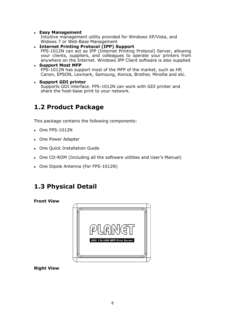 2 product package, 3 physical detail | PLANET FPS-1012N User Manual | Page 8 / 141