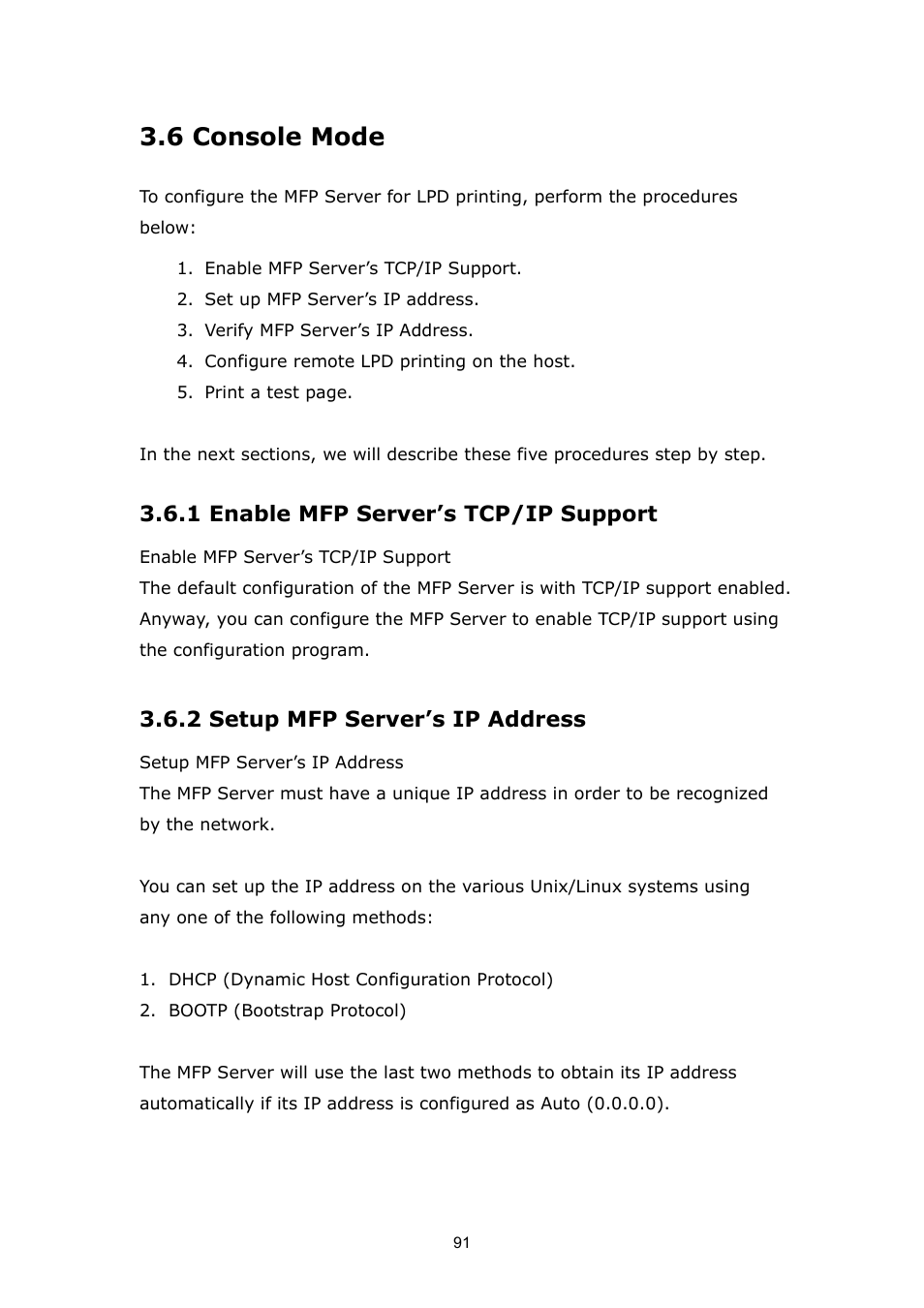 6 console mode, 1 enable mfp server’s tcp/ip support, 2 setup mfp server’s ip address | PLANET FPS-1012N User Manual | Page 91 / 141
