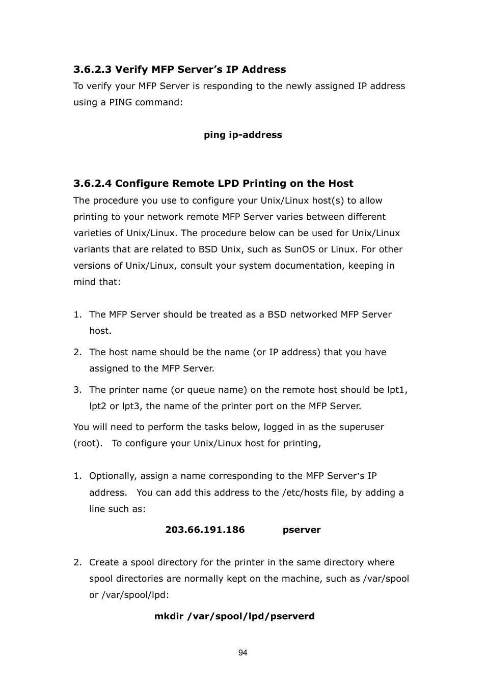 3 verify mfp server’s ip address, 4 configure remote lpd printing on the host | PLANET FPS-1012N User Manual | Page 94 / 141