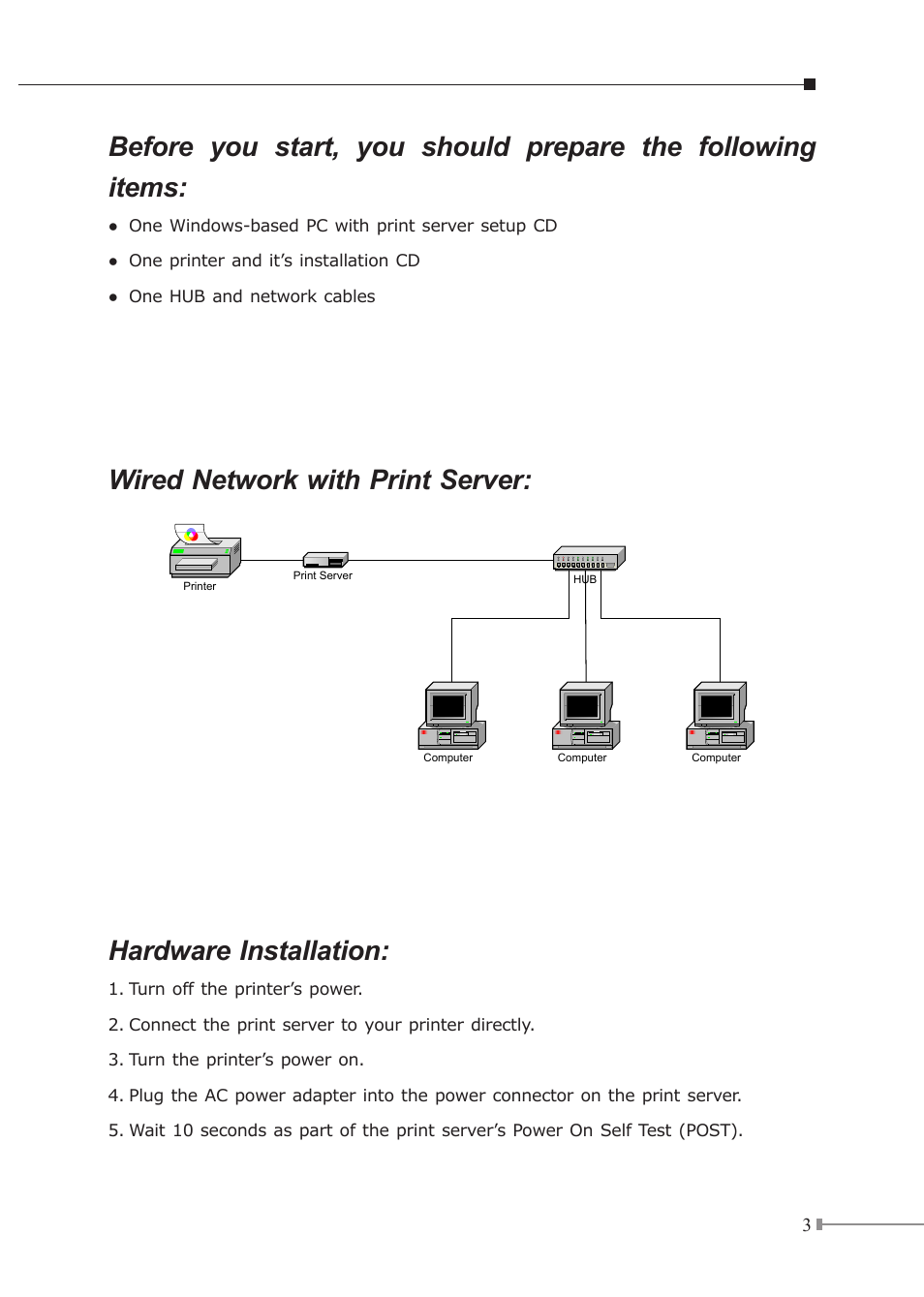 Wired network with print server, Hardware installation | PLANET FPS-1101 User Manual | Page 3 / 12