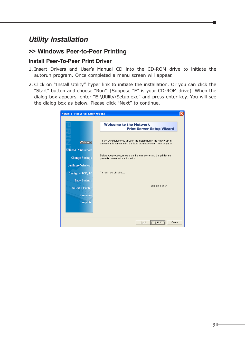 Utility installation, Windows peer-to-peer printing | PLANET FPS-3300 User Manual | Page 5 / 8