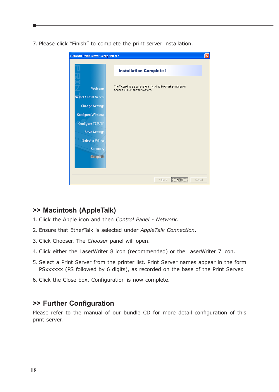 Macintosh (appletalk), Further configuration | PLANET FPS-3300 User Manual | Page 8 / 8