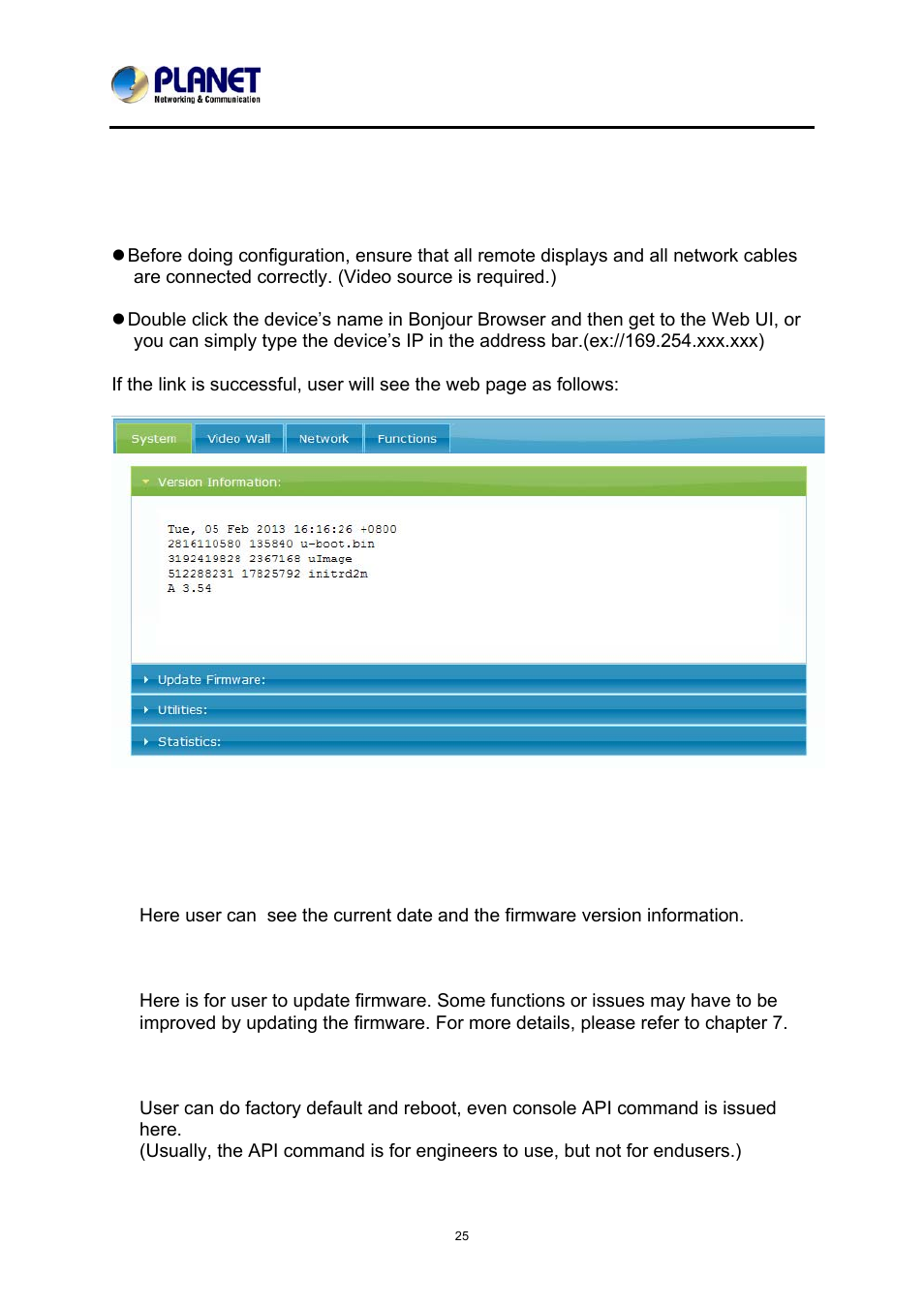 Chapter 4: web ui function instructions, 1 system, Version information | Updating firmware | PLANET IHD-200PR User Manual | Page 25 / 54