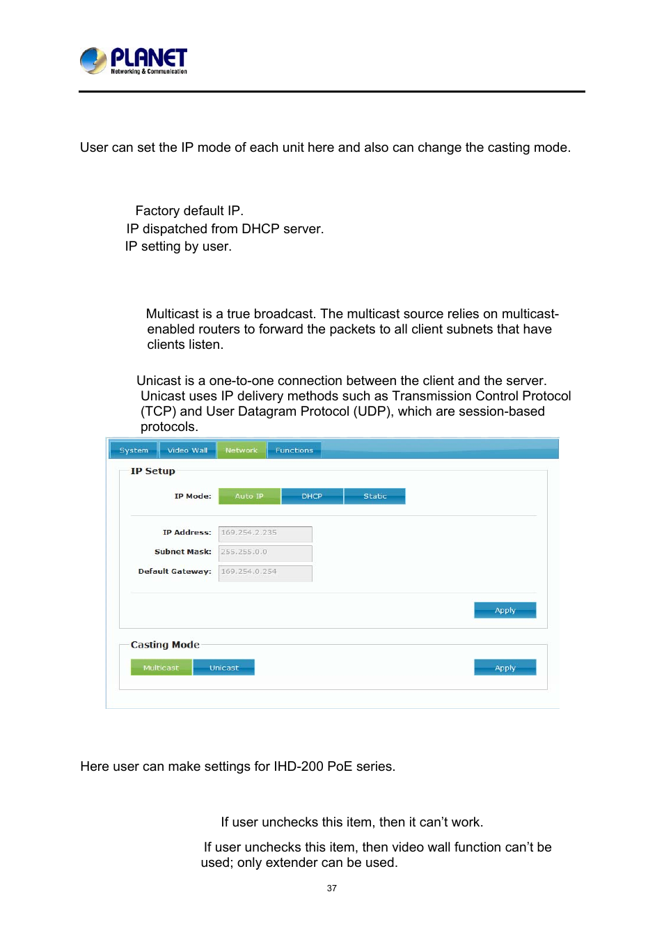 Ip setup, Casting mode, 4 function | Video over ip, 3 network | PLANET IHD-200PR User Manual | Page 37 / 54