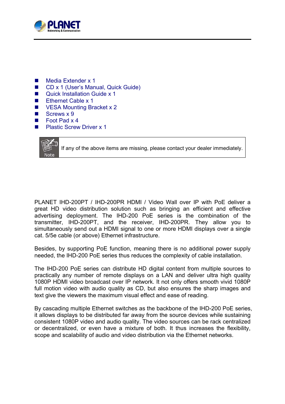 Chapter 1: product introduction, 1 package contents, 2 product description | Ackage, Ontents, Roduct, Escription | PLANET IHD-200PR User Manual | Page 5 / 54