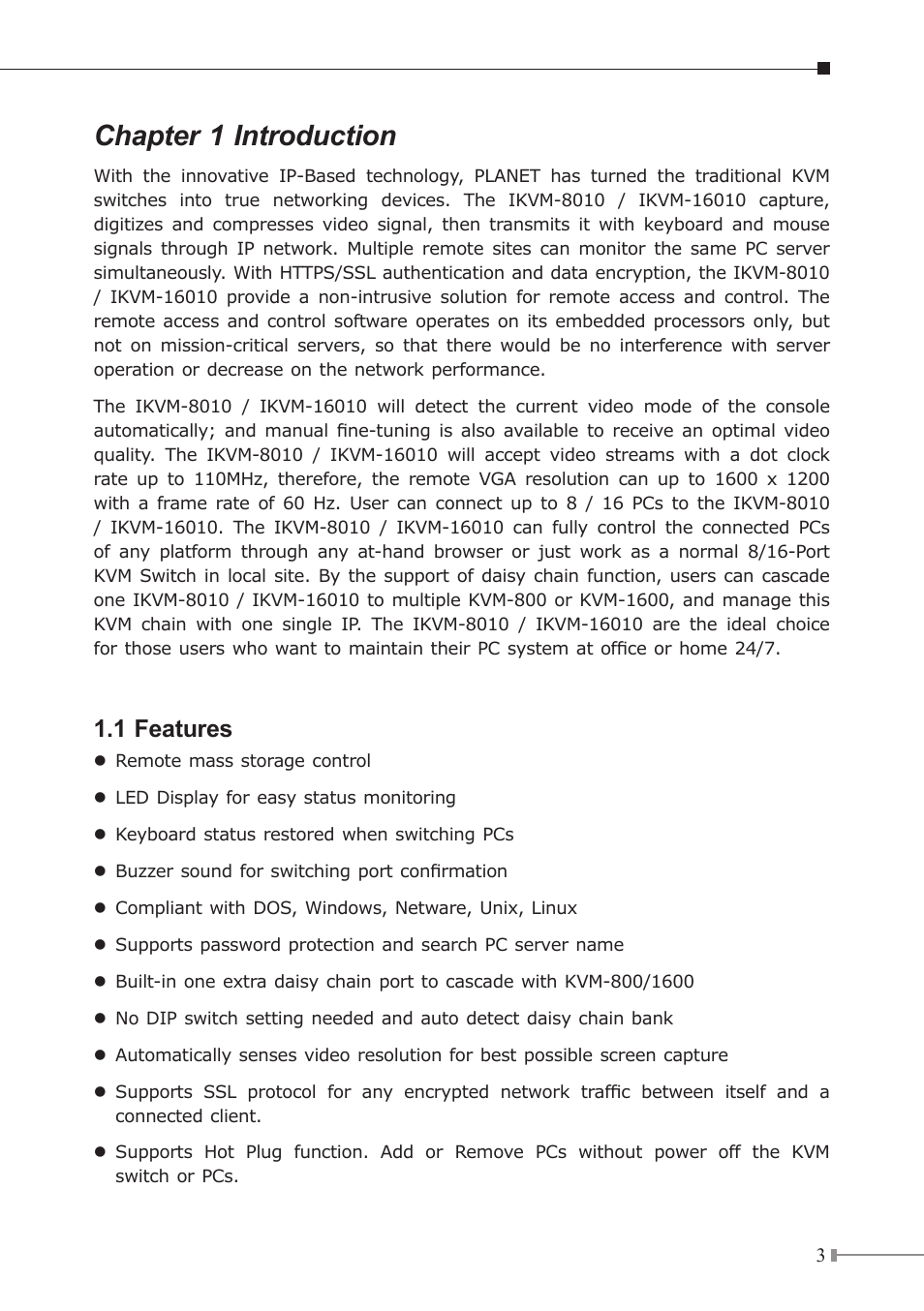 Chapter 1 introduction, 1 features | PLANET IKVM-16010 User Manual | Page 3 / 8