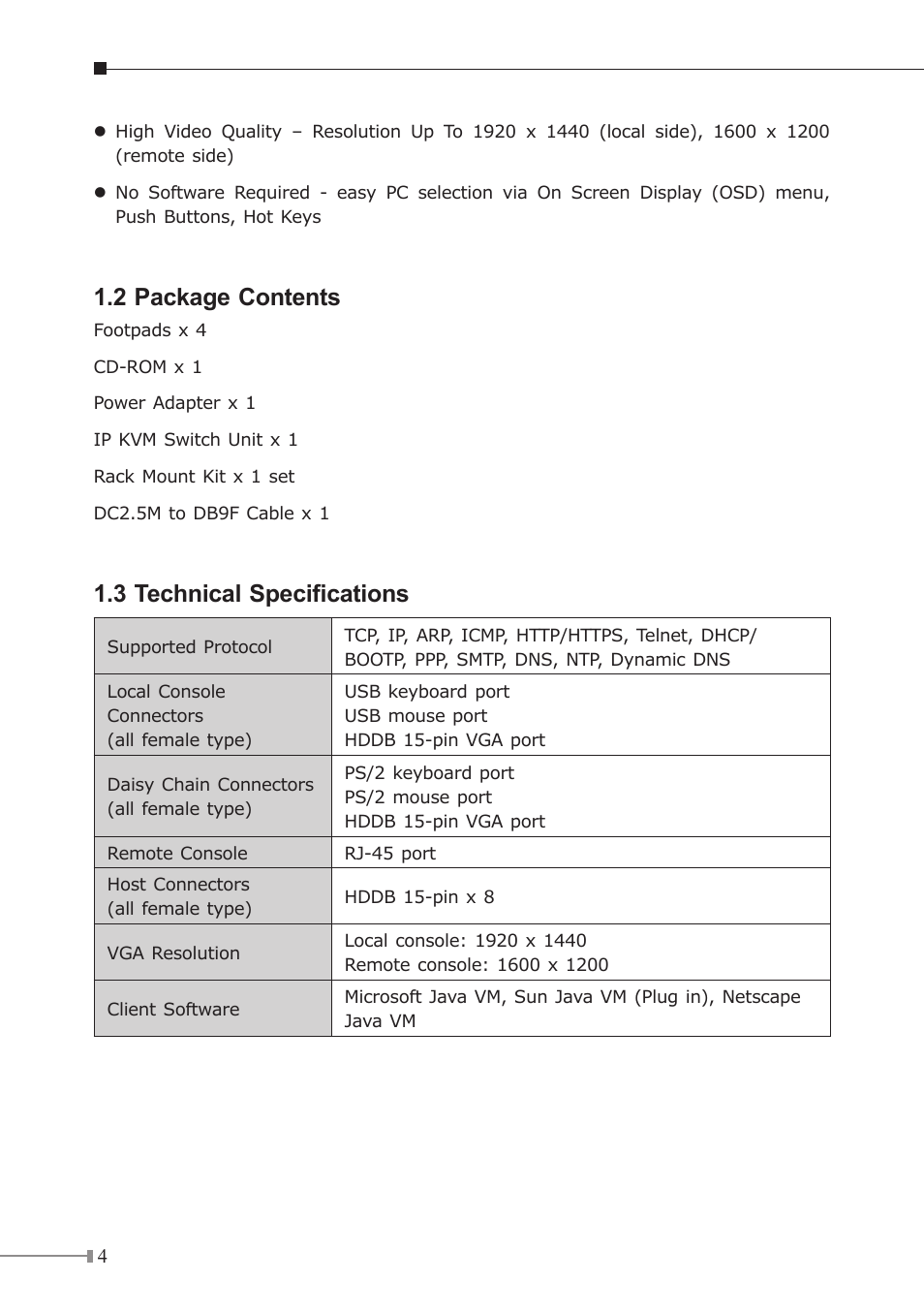 2 package contents, 3 technical specifications | PLANET IKVM-16010 User Manual | Page 4 / 8