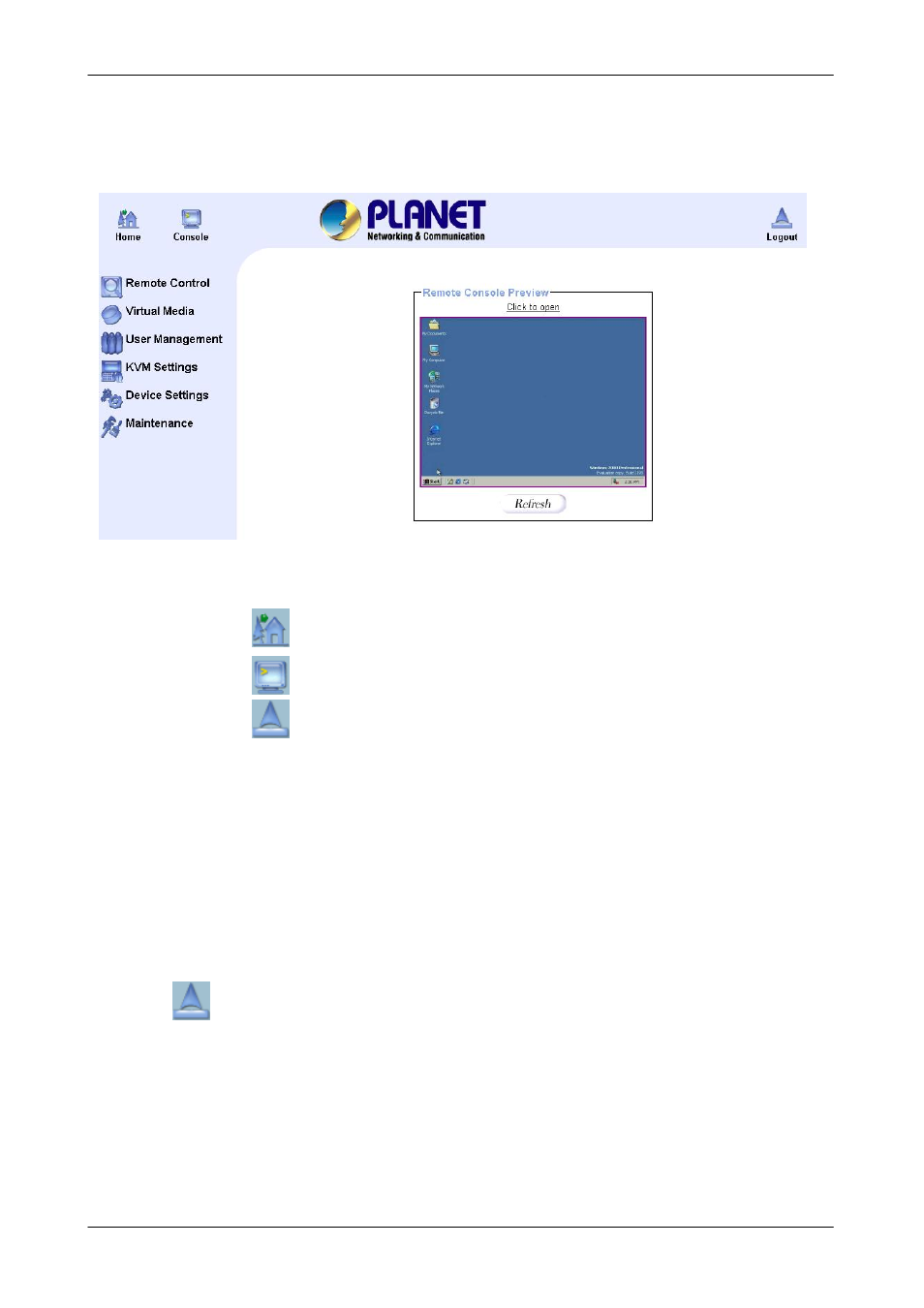 2 logout, Logout | PLANET IKVM-16010 User Manual | Page 28 / 38