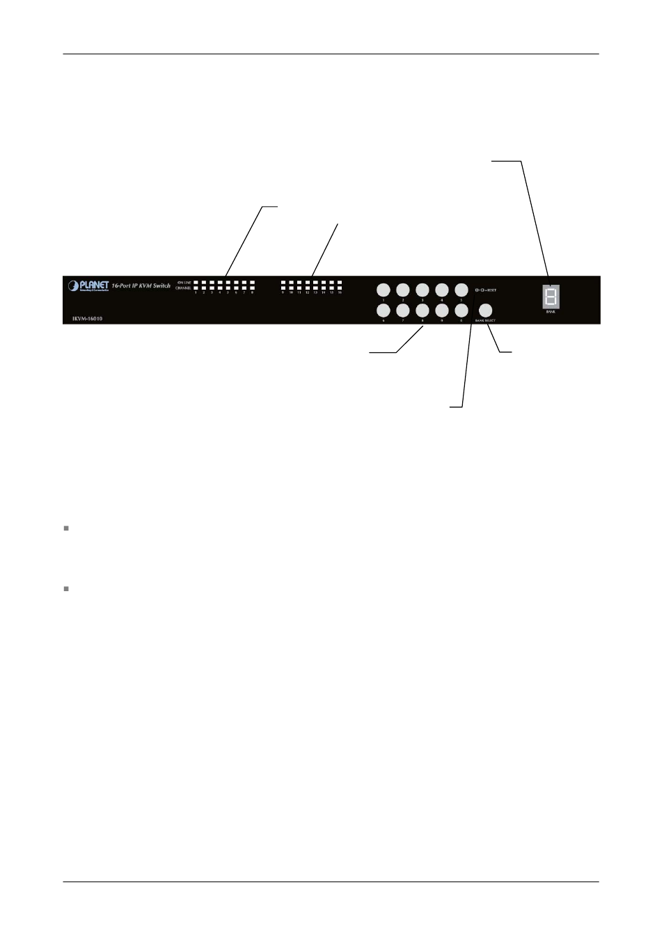 4 front panels, 5 port led indications, 6 7-seg bank led | Front panels, Port led indications, Seg bank led | PLANET IKVM-16010 User Manual | Page 8 / 38