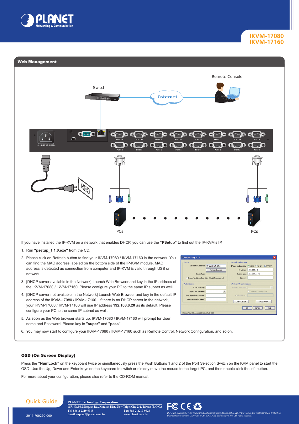 Quick guide, Internet | PLANET IKVM-17080 User Manual | Page 2 / 2
