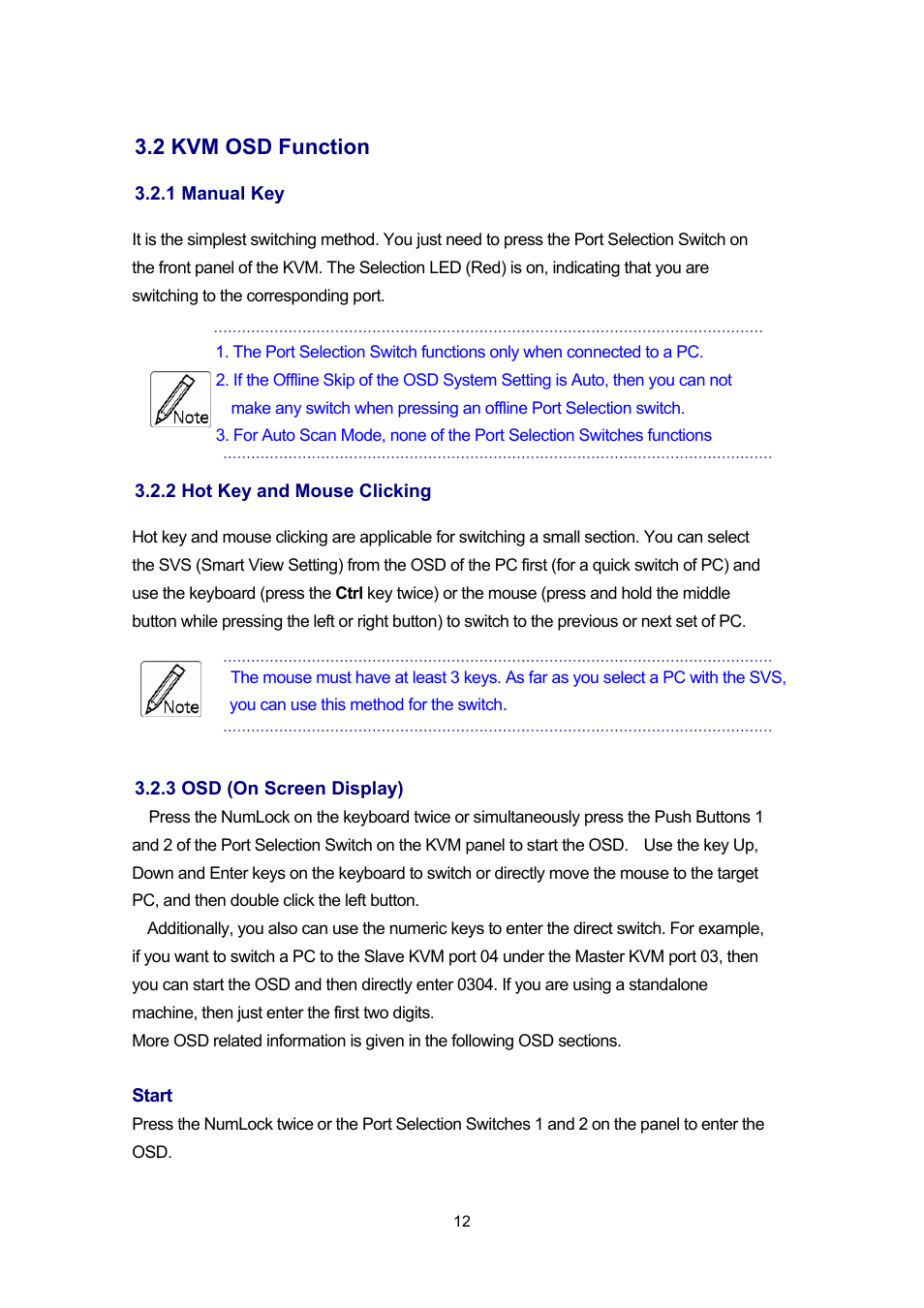 2 kvm osd function, 1 manual key, 2 hot key and mouse clicking | 3 osd (on screen display) | PLANET IKVM-17080 User Manual | Page 18 / 62