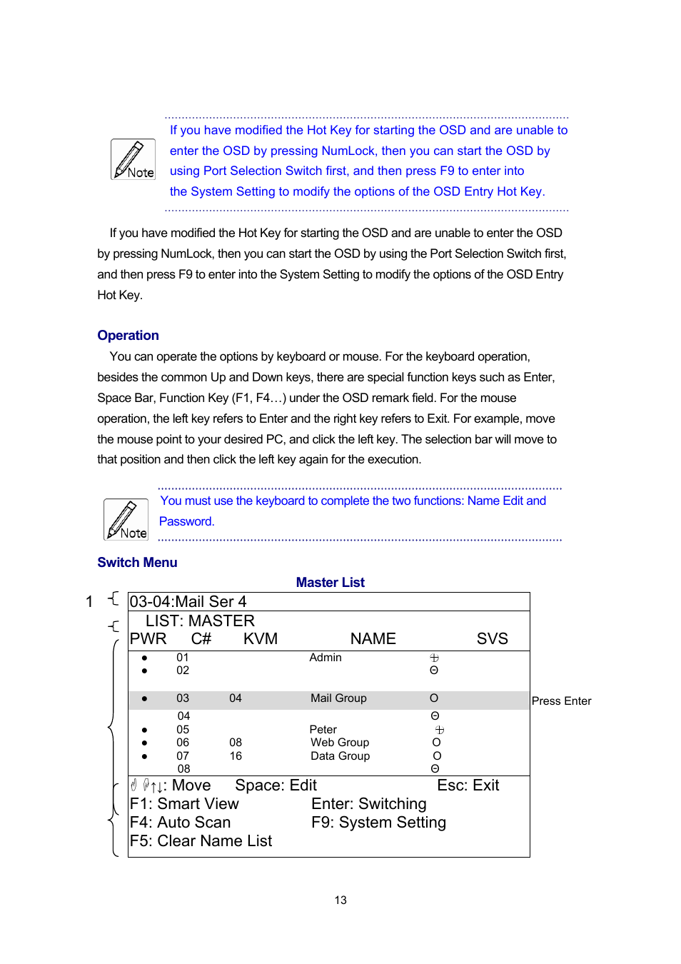 04:mail ser 4 list: master pwr c# kvm name svs | PLANET IKVM-17080 User Manual | Page 19 / 62