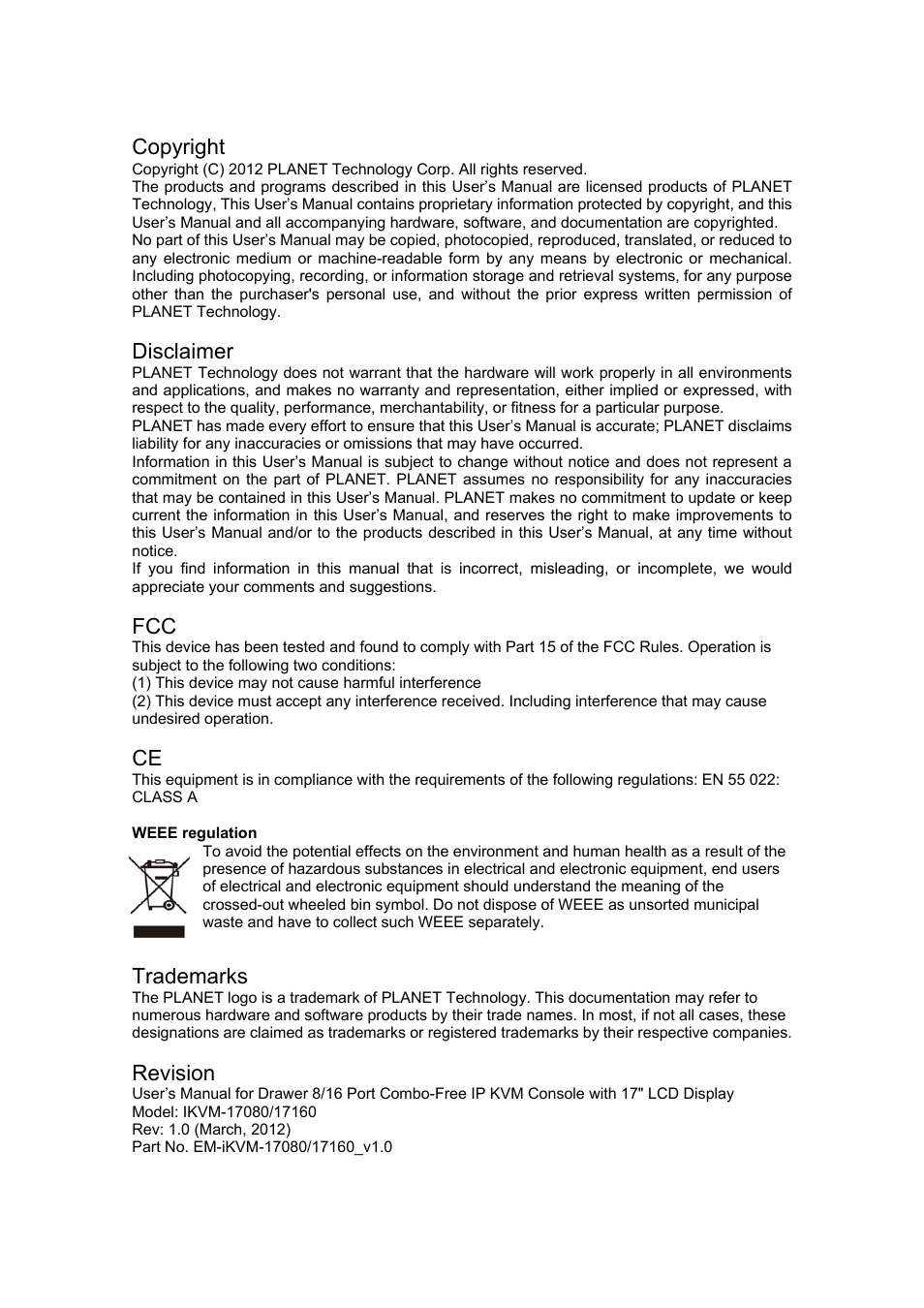 Copyright, Disclaimer, Trademarks | Revision | PLANET IKVM-17080 User Manual | Page 2 / 62