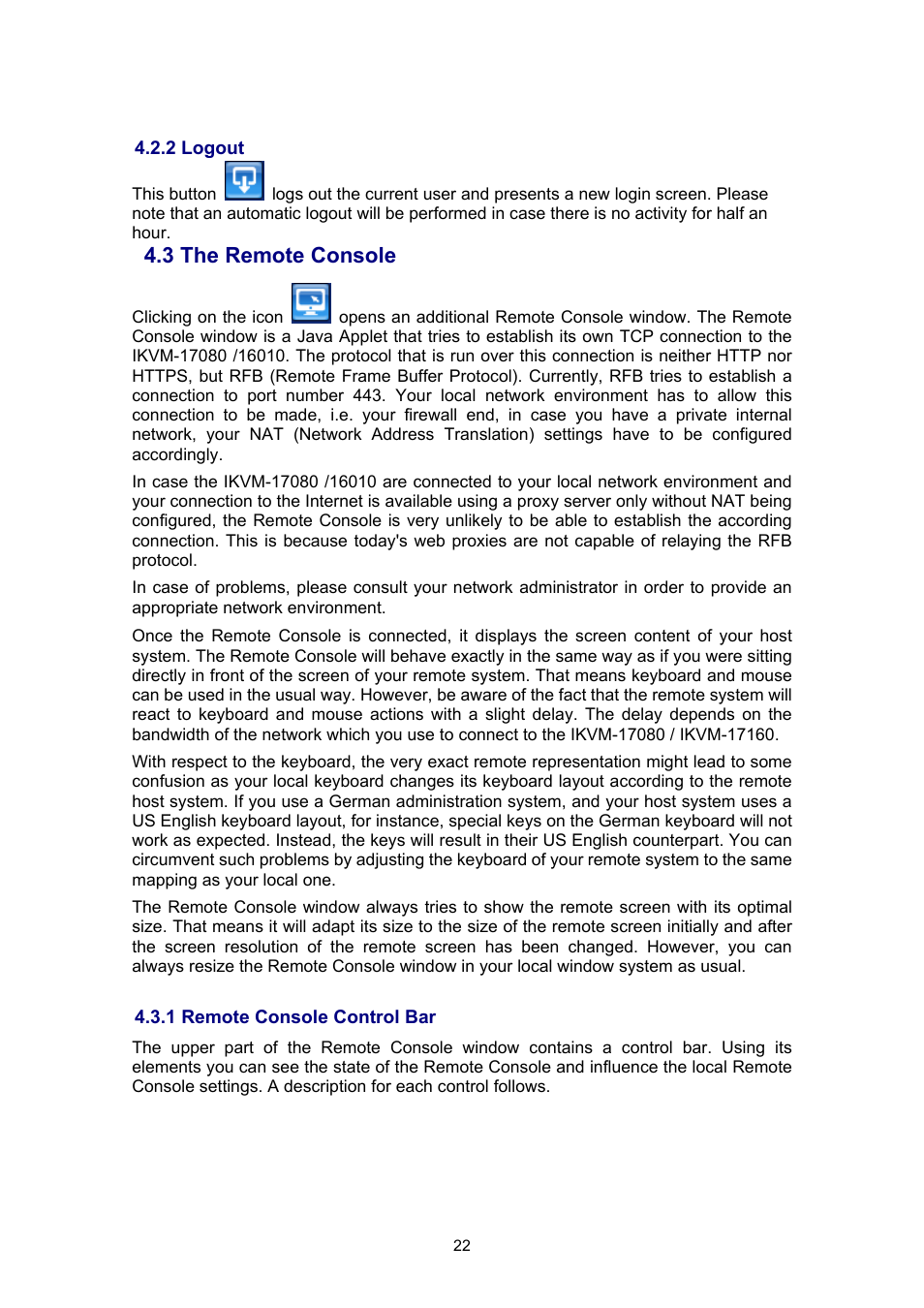 2 logout, 3 the remote console, 1 remote console control bar | PLANET IKVM-17080 User Manual | Page 28 / 62