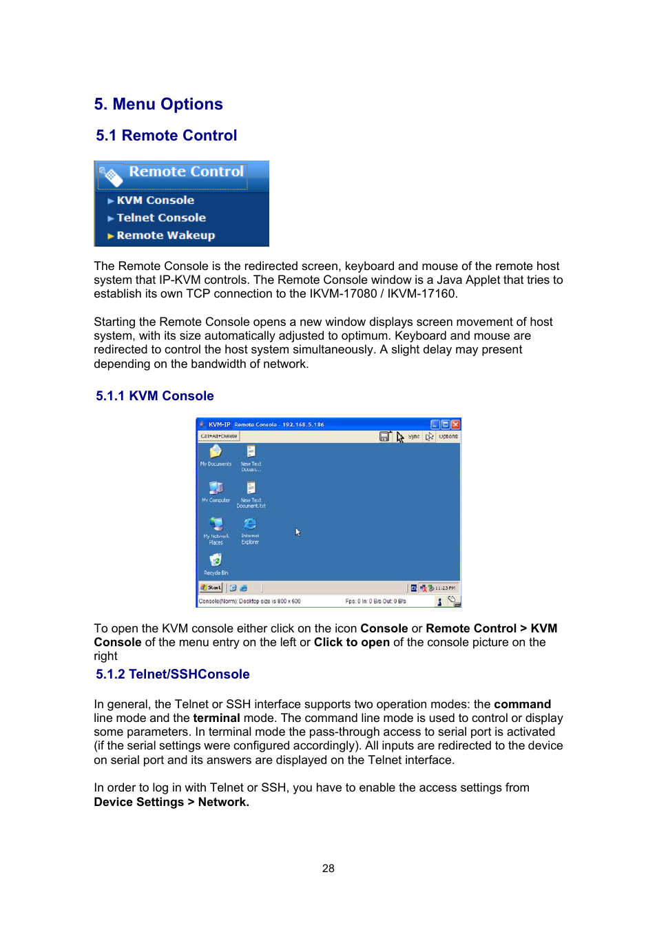 Menu options, 1 remote control, 1 kvm console | 2 telnet/sshconsole | PLANET IKVM-17080 User Manual | Page 34 / 62