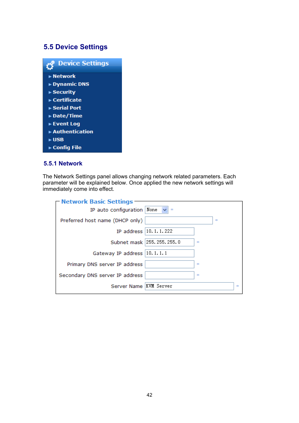 5 device settings, 1 network | PLANET IKVM-17080 User Manual | Page 48 / 62