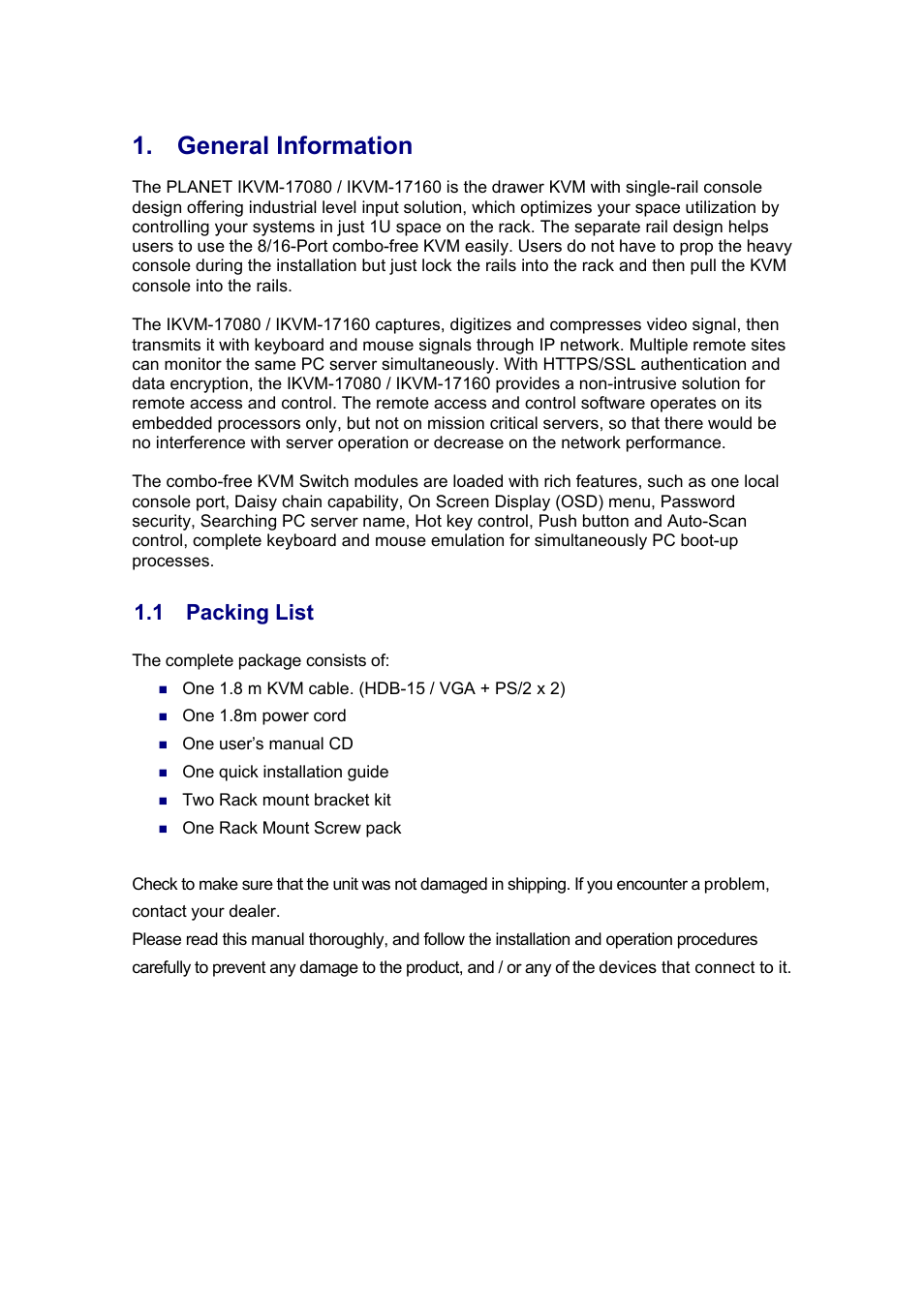 General information, 1 packing list | PLANET IKVM-17080 User Manual | Page 6 / 62