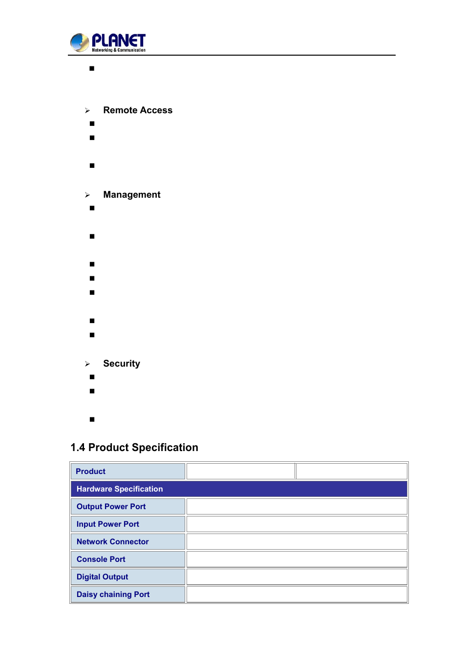 4 product specification, Roduct, Pecification | PLANET IPM-1200x Series User Manual | Page 10 / 62