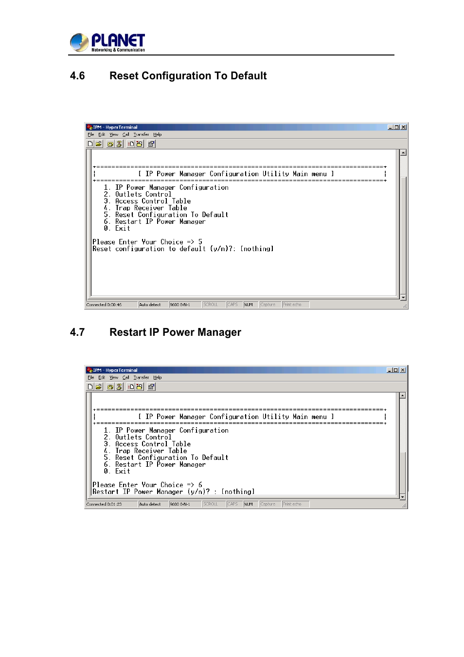 6 reset configuration to default, 7 restart ip power manager, Eset | Onfiguration, Efault, Estart, Ower, Anager | PLANET IPM-1200x Series User Manual | Page 34 / 62