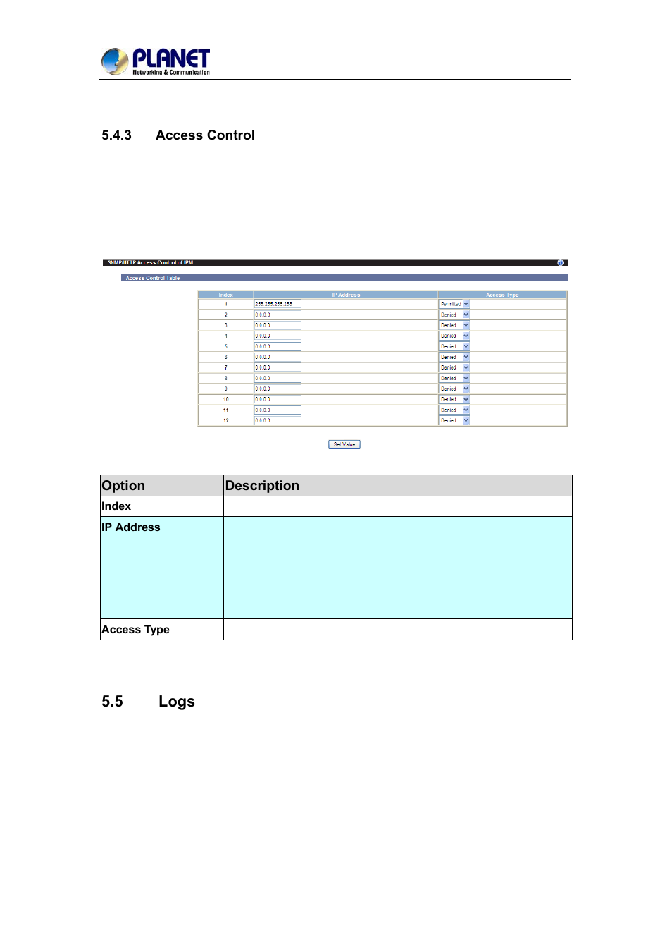 3 access control, 5 logs, Access control | PLANET IPM-1200x Series User Manual | Page 53 / 62