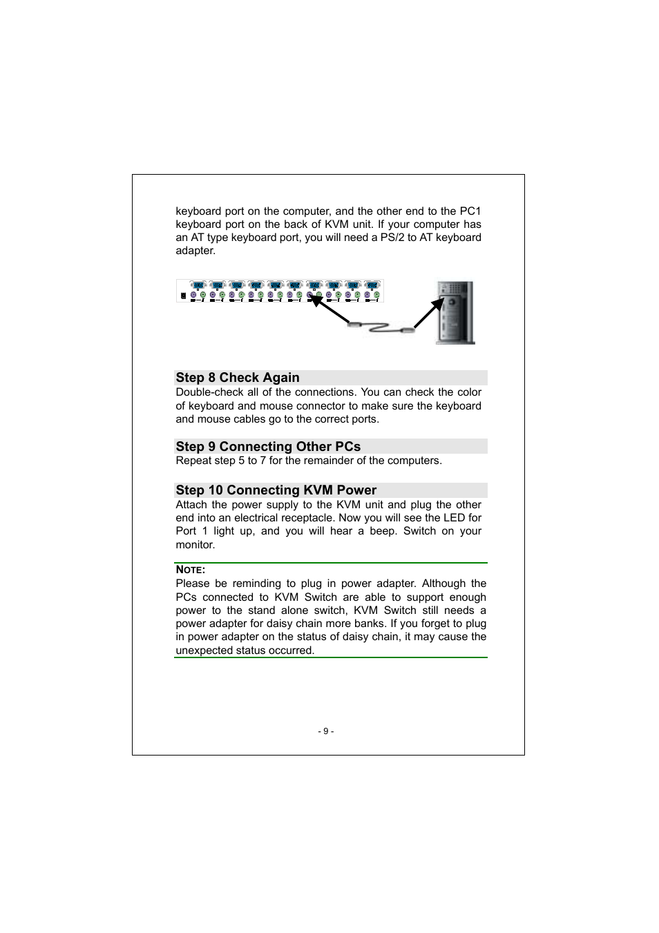 Step 8 check again, Step 9 connecting other pcs, Step 10 connecting kvm power | PLANET KVM-1600 User Manual | Page 13 / 27