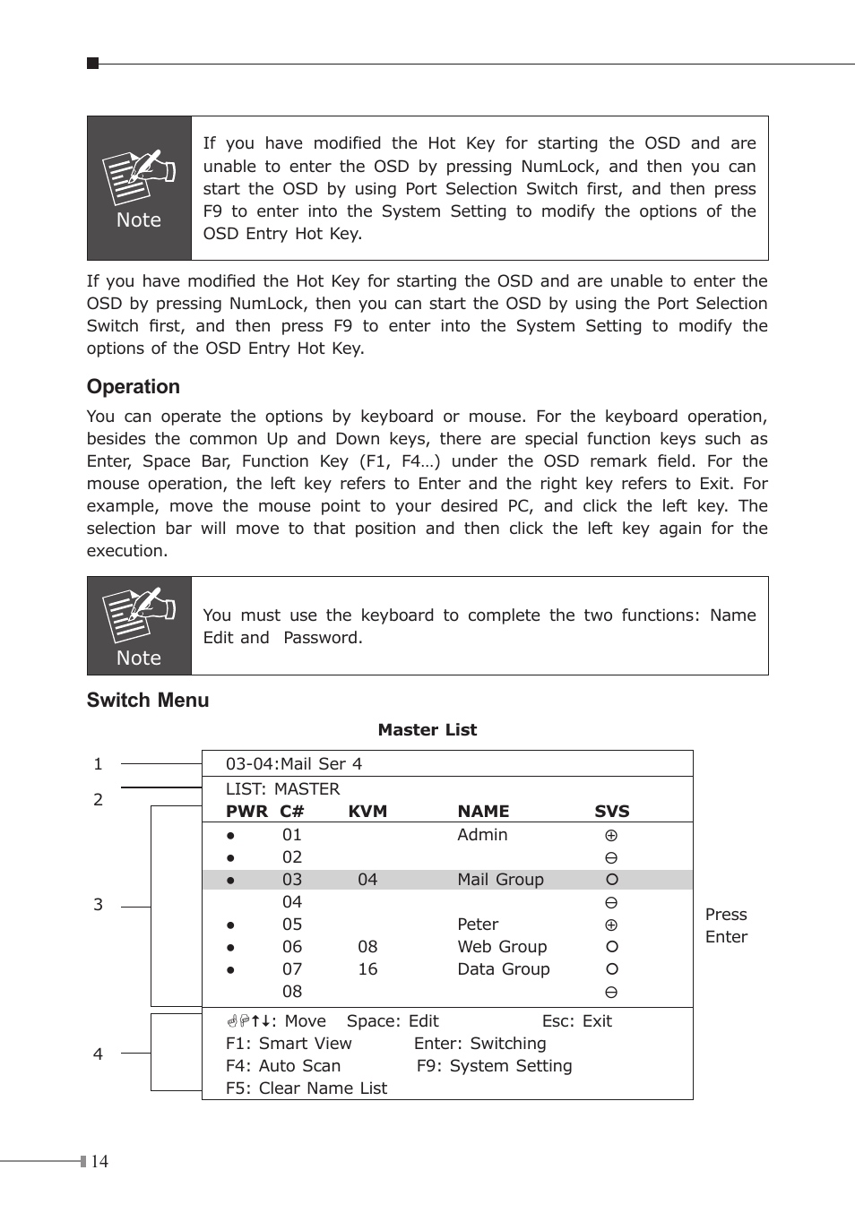 Operation, Switch menu | PLANET KVM-1610 User Manual | Page 14 / 20