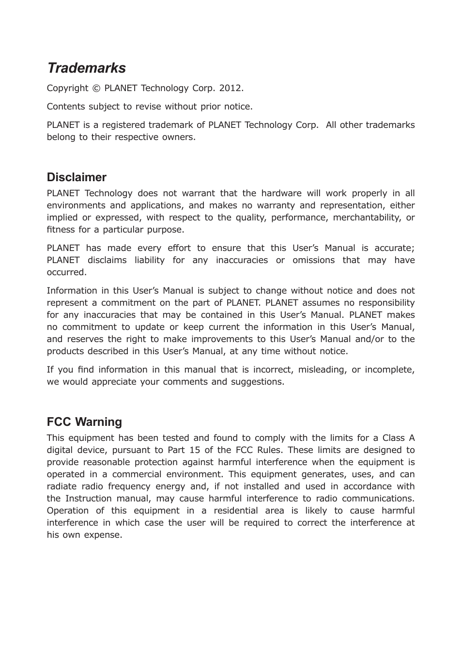 Trademarks, Disclaimer, Fcc warning | PLANET KVM-1610 User Manual | Page 2 / 20