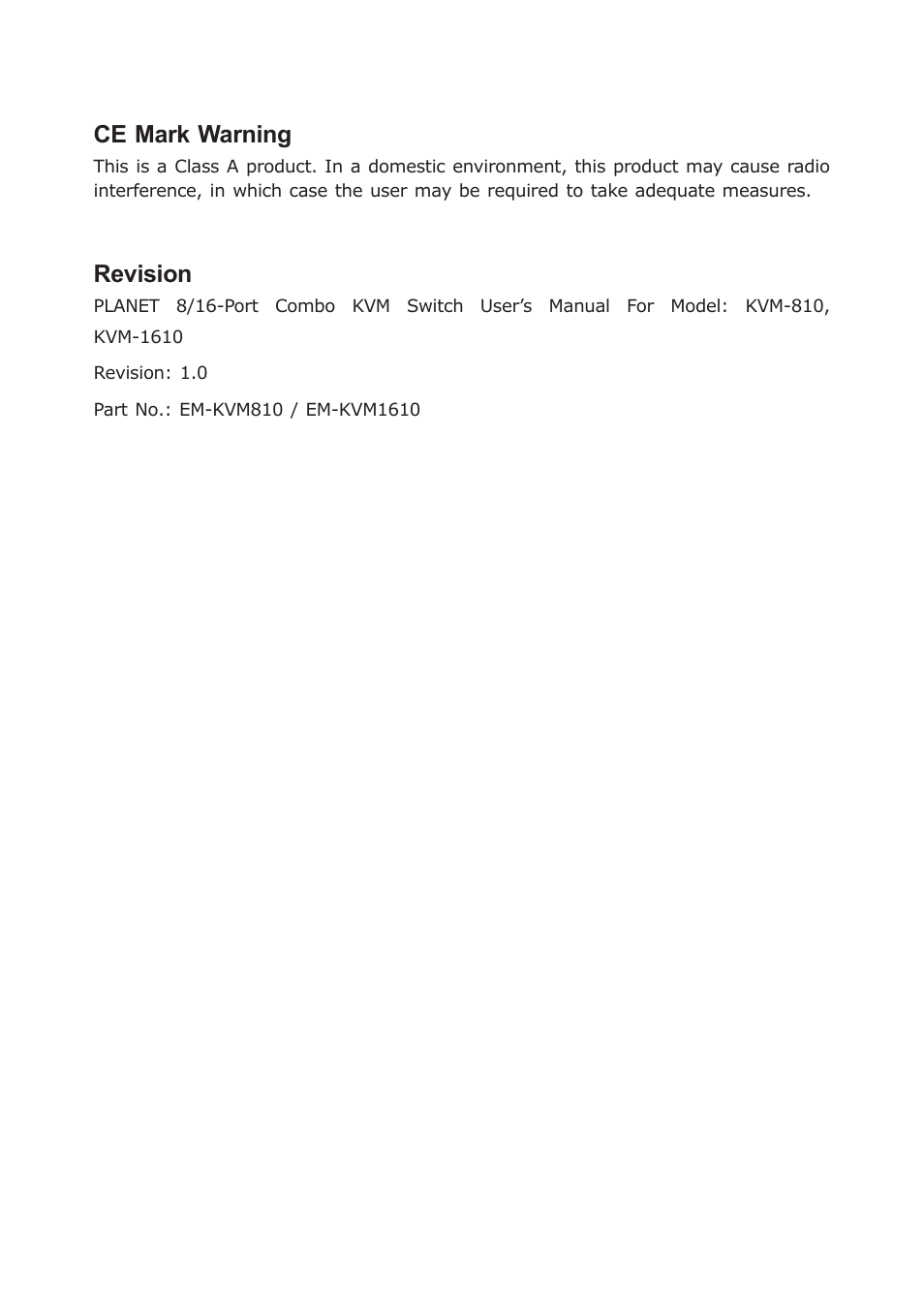 Ce mark warning, Revision | PLANET KVM-1610 User Manual | Page 3 / 20