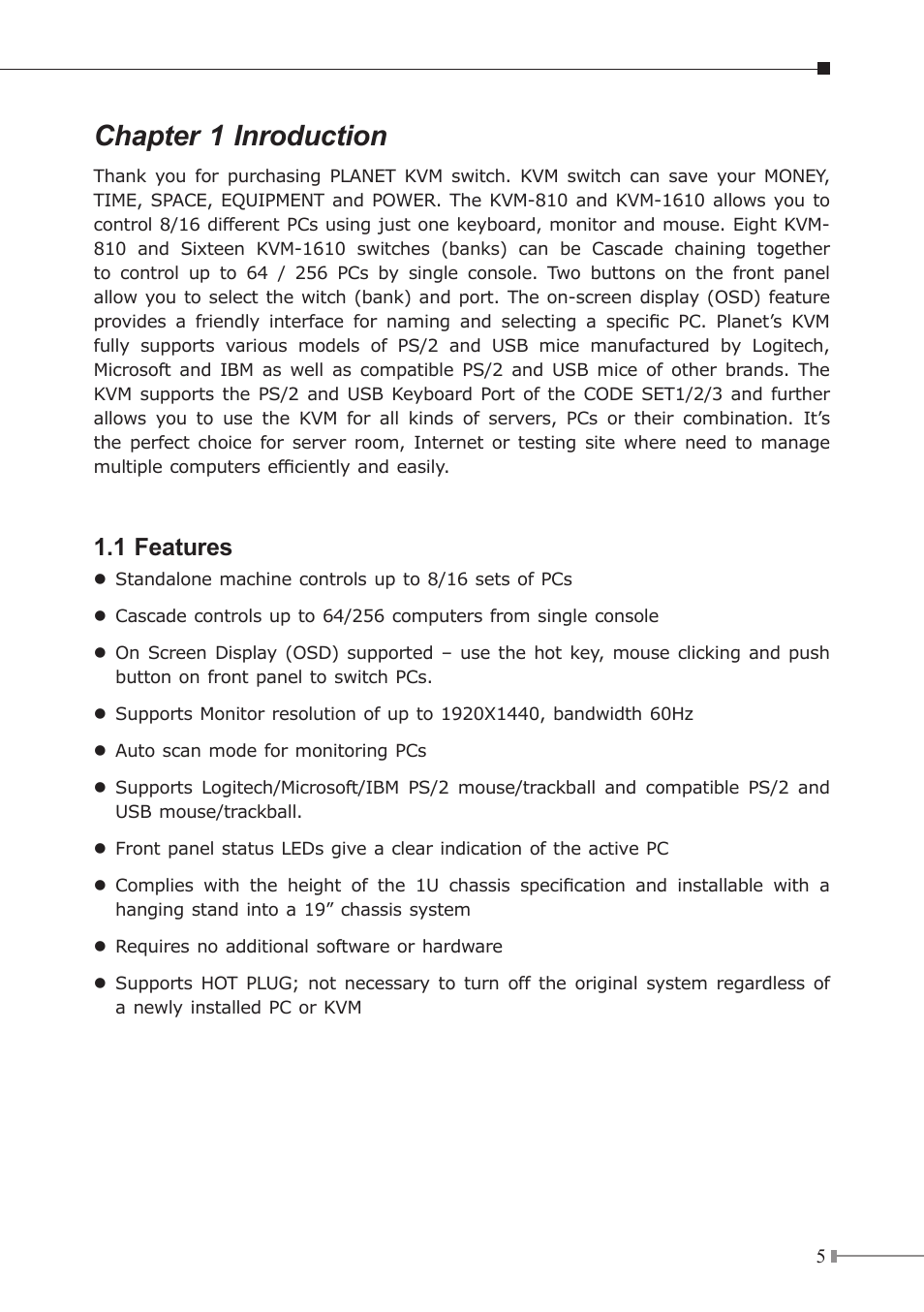 Chapter 1 inroduction, 1 features | PLANET KVM-1610 User Manual | Page 5 / 20