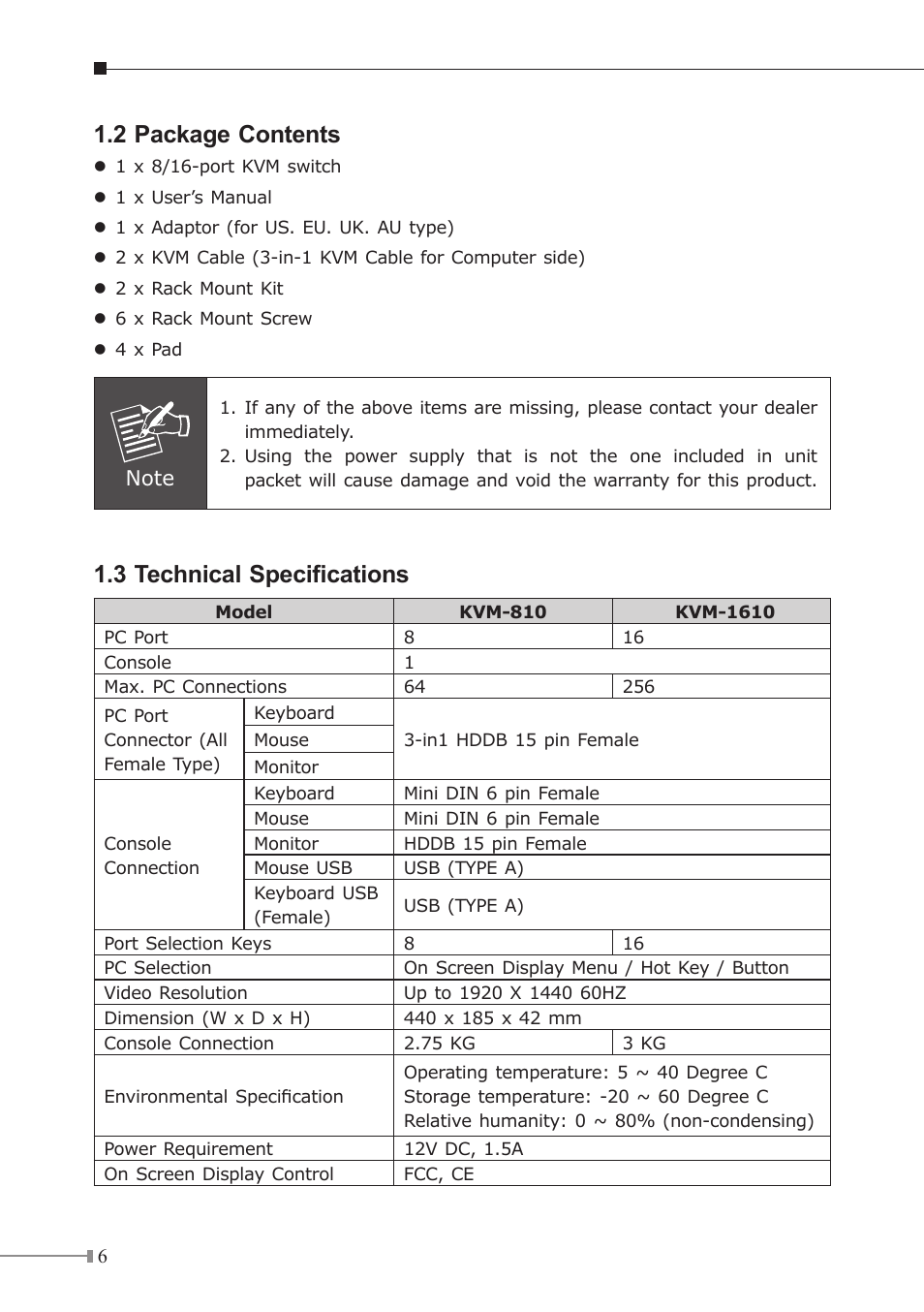 2 package contents, 3 technical specifications | PLANET KVM-1610 User Manual | Page 6 / 20