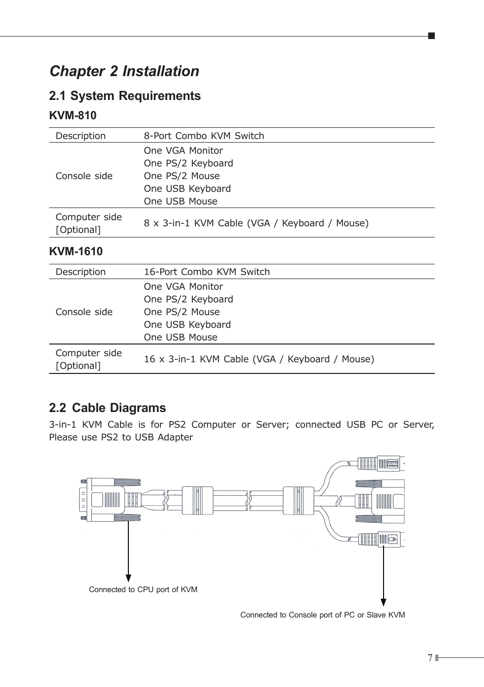 Chapter 2 installation, 1 system requirements, 2 cable diagrams | PLANET KVM-1610 User Manual | Page 7 / 20