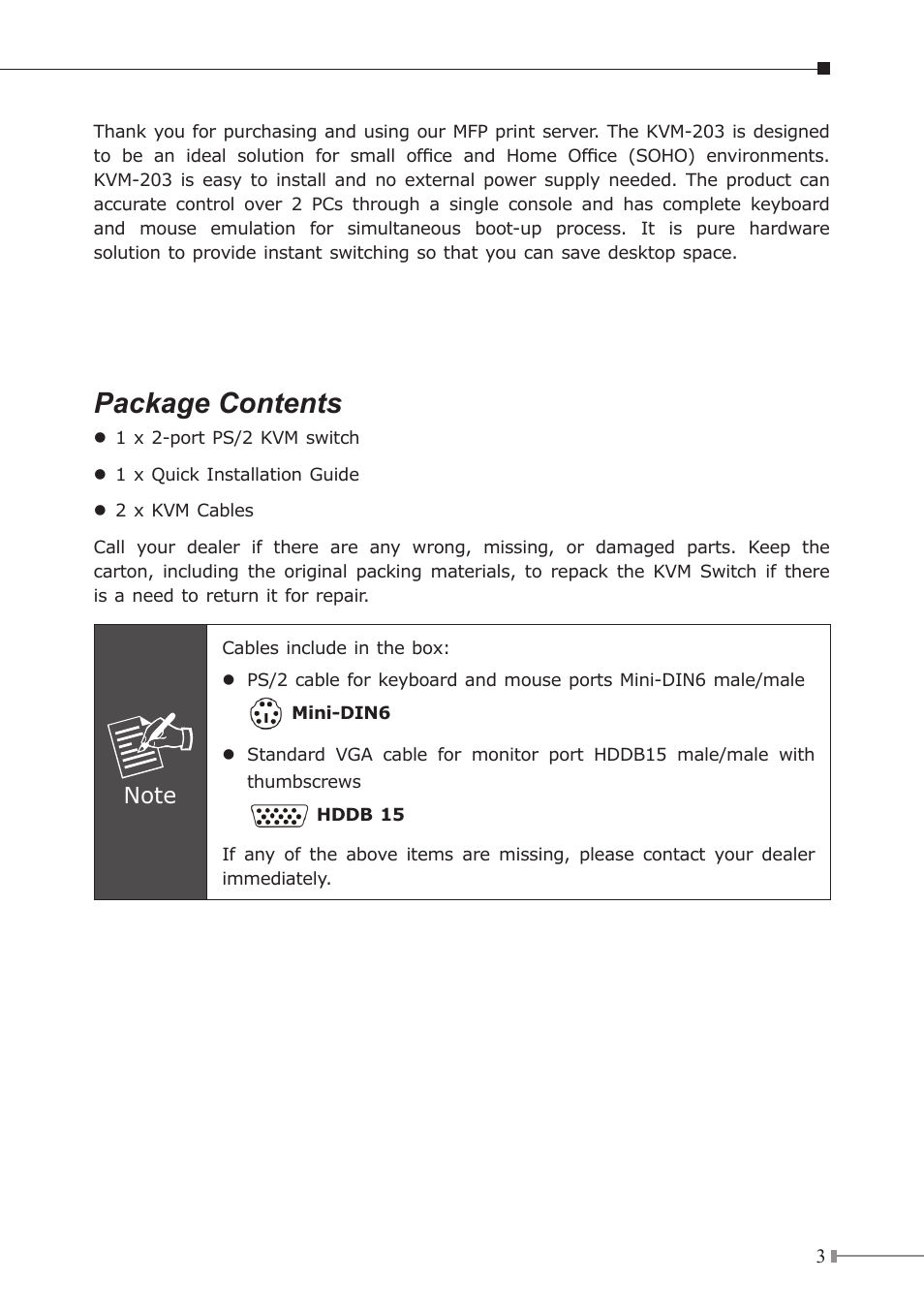 Package contents | PLANET KVM-203 User Manual | Page 3 / 8